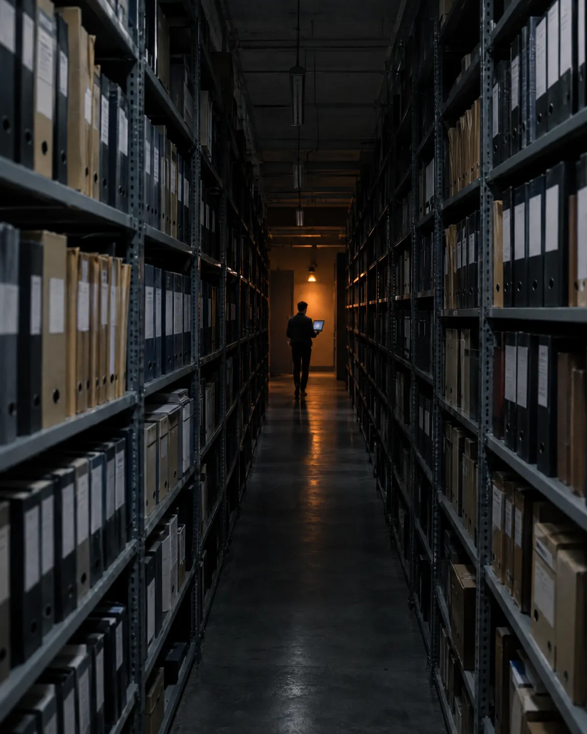 Un pasillo de archivo con estanterías llenas de carpetas