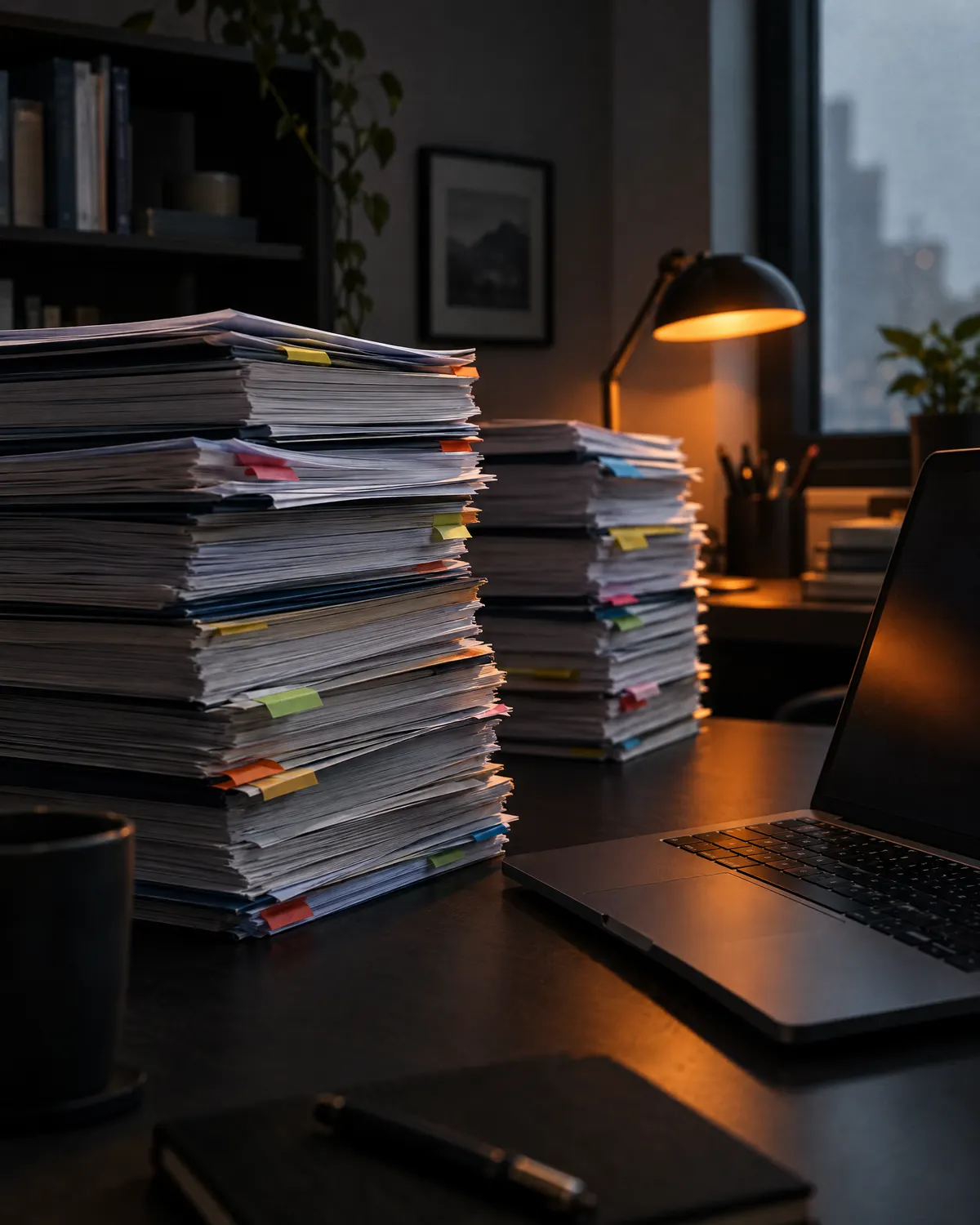 Pilas de contratos y documentos técnicos junto a un portátil