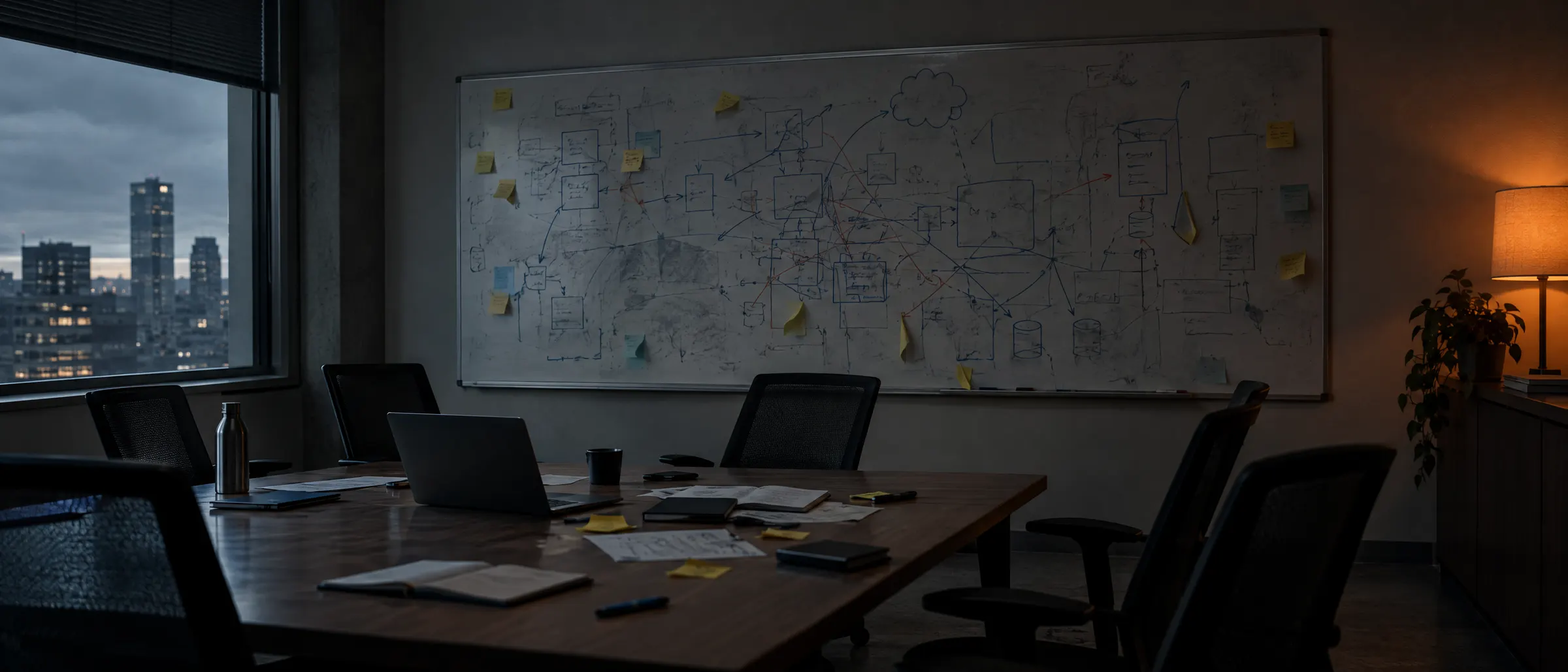 Una sala de reuniones vacía con una pizarra llena de diagramas de arquitectura enredados