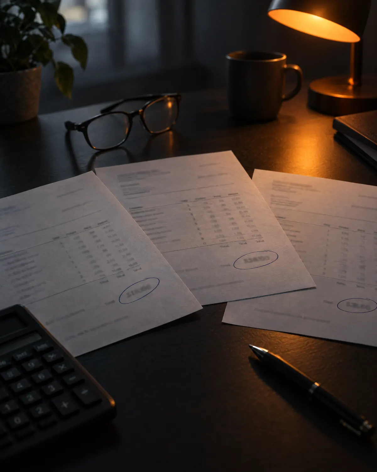 Tres presupuestos impresos sobre una mesa con una calculadora
