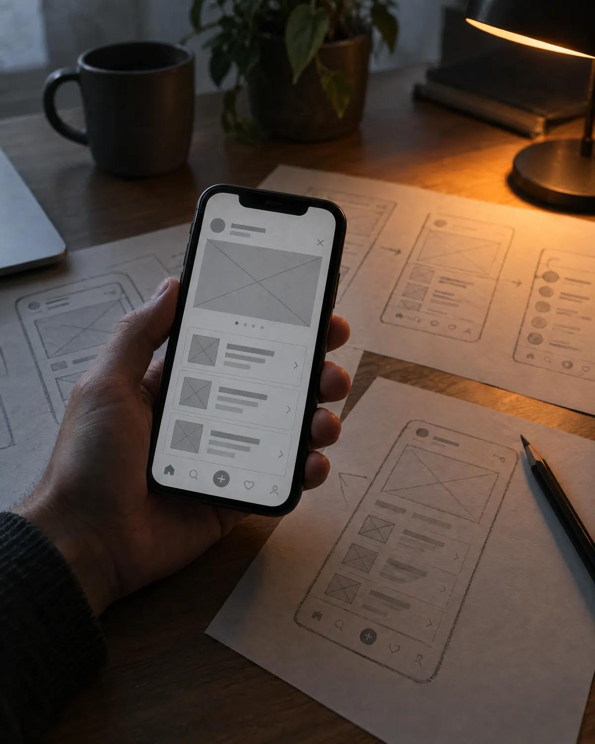 Una mano sostiene un móvil con el prototipo de una app sobre bocetos en papel