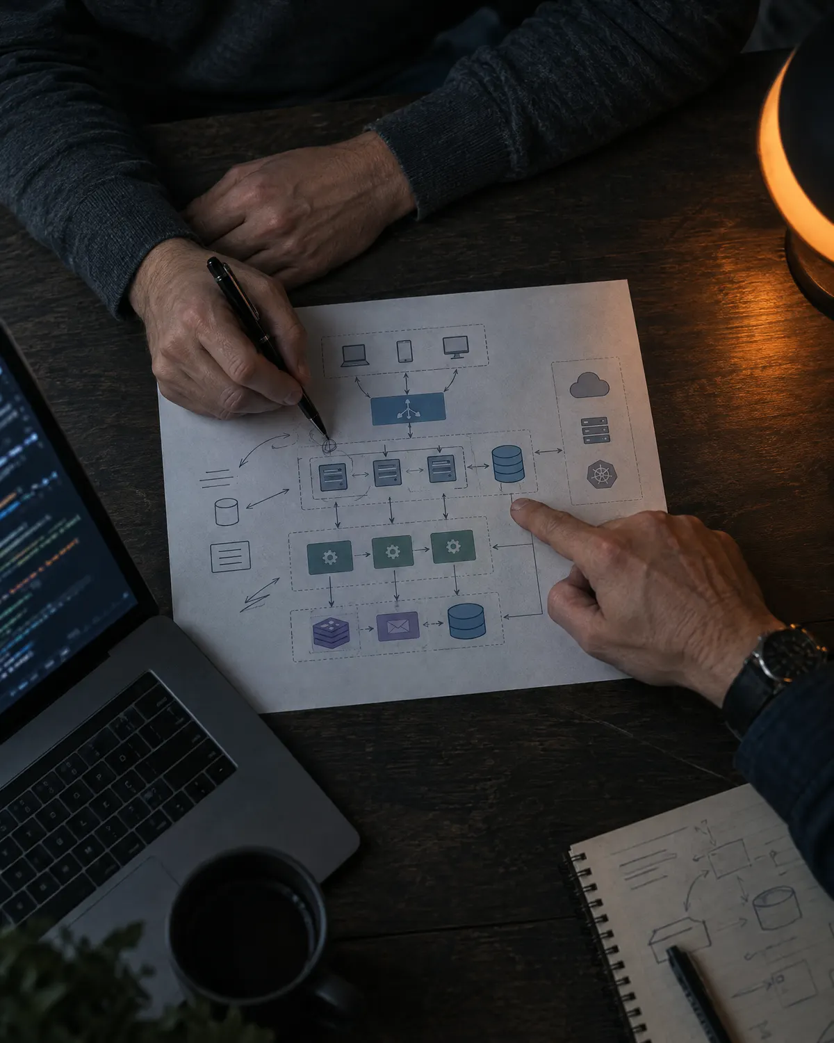 Dos manos revisan y anotan un diagrama de arquitectura de software impreso